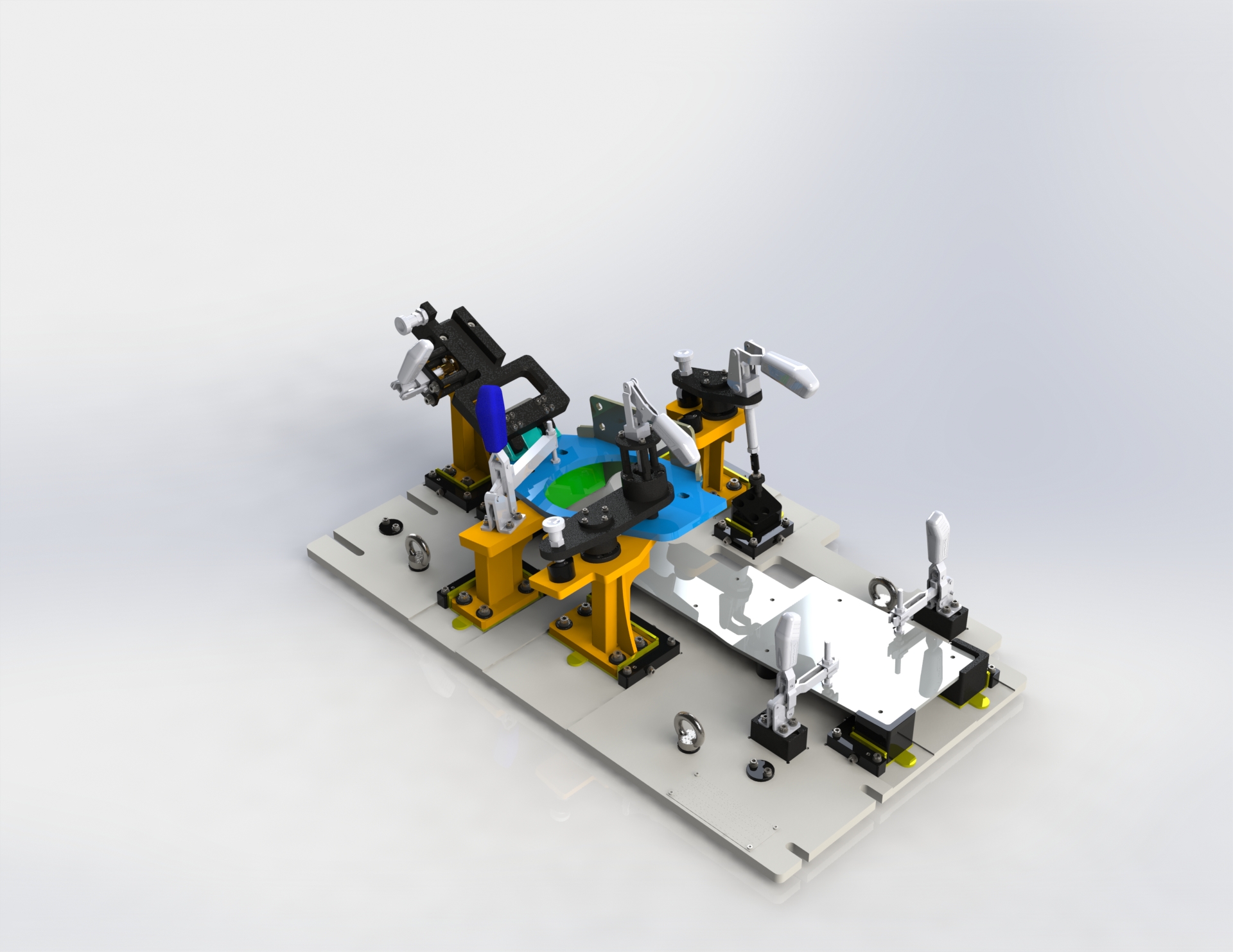 Dispositivo de pré-montagem e soldagem para célula robotizada, vista frontal