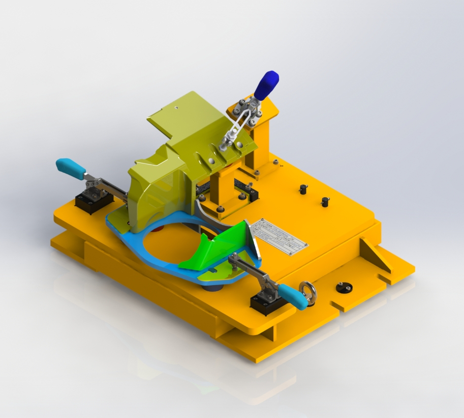 Dispositivo de pré-montagem e soldagem para célula robotizada, detalhe